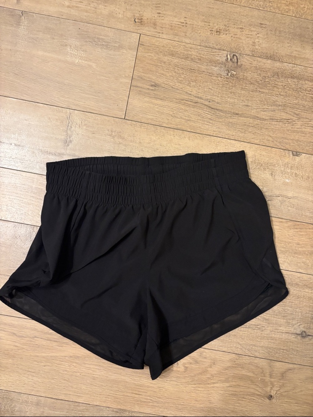 Athleta Mesh Racer Run 4 Inch Black Athletic Smocked-Waist Running Shorts